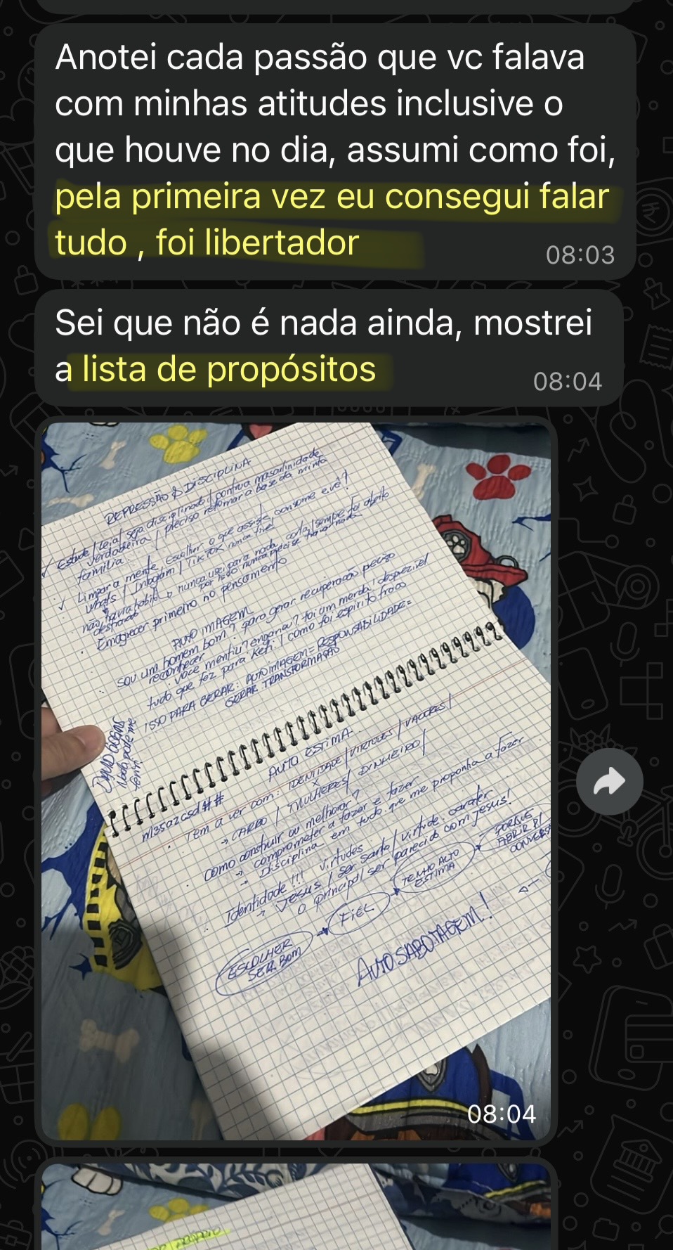 Depoimento — caderno de anotações e propósitos